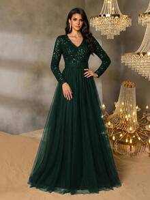 Faeriesty 优雅长款派对礼服 | 长袖深V领，高开衩下摆，闪亮弹力面料，修身剪裁，适合正式晚宴、派对、新年庆祝活动、婚礼、盛大晚会和其他场合。 - 墨綠色 - 查看 6