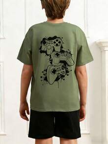1 pieza Camiseta de manga corta con estampado gráfico de videojuegos para niño preadolescente, parte superior de verano para estudiantes jóvenes - Verde Oliva - Ver 2