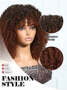 14英寸齐肩卷发假发，带刘海，棕金色渐变非裔蓬松卷发，自然蓬松，适合日常佩戴，也适合万圣节、圣诞节、新年、狂欢节、音乐节、角色扮演等场合，是送给女孩、毕业生、万圣节和圣诞节的理想礼物。 - 漸層棕色 - 查看 7