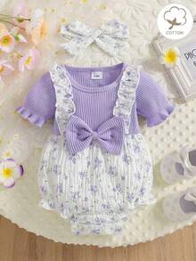 女婴可爱碎花圆领荷叶边纹理面料连体衣和发带套装，夏季 - 紫丁香色 - 查看 2