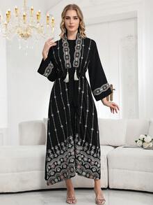 2026新款优雅银色刺绣阿拉伯女式长裙流苏两件套，时尚优雅 - 黑色 - 查看 6