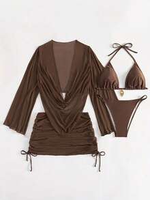 Bộ bikini 4 món màu trơn gợi cảm kèm áo khoác ngoài xuyên thấu, thích hợp cho kỳ nghỉ, tiệc bãi biển, cũng lý tưởng cho dịp năm mới và Lễ tình nhân, toát lên vẻ thanh lịch và phá cách, sự lựa chọn hoàn hảo cho phái nữ thường ngày vào mùa xuân/hè. - màu nâu - Xem 5