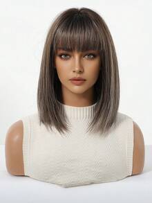 12-Inch Women's Ombre Bangs Bobo Wig - Made Of Heat-Resistant Silk Material, With Rose Net Cap - Elegant And Natural, Suitable For Daily Wear, Perfect For Family Gatherings, Daily Travel, And An Ideal Gift For Girls On Holidays - Gray Highlight - View 6