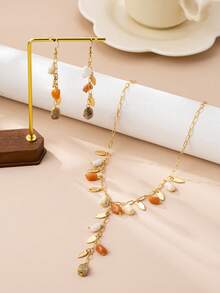 一套波西米亚风几何叶子金属片和亚克力珠吊坠Y型项链和耳环首饰套装，女士休闲假日派对服饰 - 彩色 - 查看 2