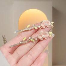 Pinza para el cabello de una pieza con estampado floral, aleación de zinc, rosa, perla falsa etérea, flor, elegante pinza para el flequillo lateral para mujer, accesorios para la cabeza, accesorios de San Valentín, accesorios para el cabello para mujer, primavera - Dorado - Ver 2