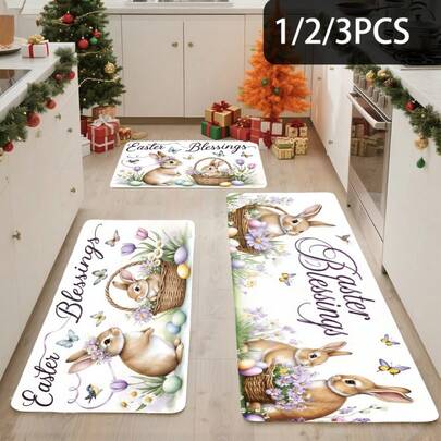 1/2/3pcs Flannel Easter Bunny Spring Floral Welcome Mat Set - Pastel Non-Slip Kitchen & Front, Bunny Chicks & Tulips Basket Design, Machine Washable Mats For Christmas, Easter, Spring Home Decor (1/2/3-Room Bundle)