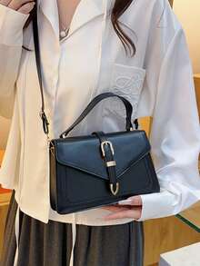 Handbag With Flap And Belt Decor, Shoulder Bag (Random Metal Buckle On Both Sides) - Navy Blue - View 2