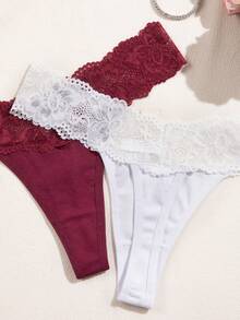 4pcs Lace Patchwork Women's Cotton Low-Rise Thong Panties - Multicolor - View 4