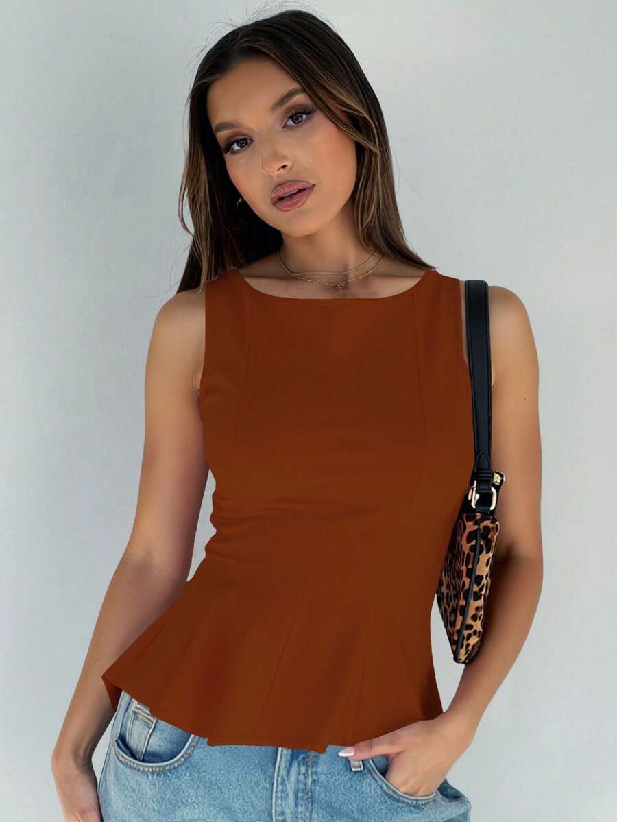 1 chiếc áo kiểu dáng thường ngày, chất liệu vải dệt kim màu trơn, có viền bèo nhún, thích hợp cho mùa hè. - màu nâu - Xem 1