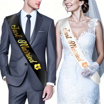 "Just Married - Bride To Be Sash And Groom To Be Sash Kit, 2 Pcs Gold Glitter Bachelorette & Bachelor Party Sashes For Wedding Bridal Shower Decorations Engagement Gifts (Black, White)