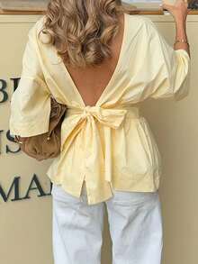Look Polly 女士 Y2K 休闲度假蝴蝶结露背半袖衬衫，露背系带休闲上衣，适合海滩、度假、约会、聚会等场合 - 黃色 - 查看 6