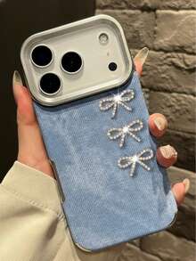 1pc Y2K Tie-Dye Denim Crystal Bow Cute Phone Case, Compatible With IPhone 17 Pro Max Air 16 15 14 13 12 11 Pro Max Plus, DIY Handmade Soft TPU Back Cover - Light Blue - View 1