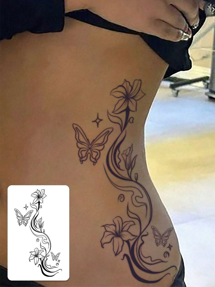 1pc Botanical Temporary Tattoo Sticker, Elegant Floral & Butterfly Inspired Waterproof Temporary Tattoo Sticker, Suitable For Fashion Enthusiasts - Black - View 1
