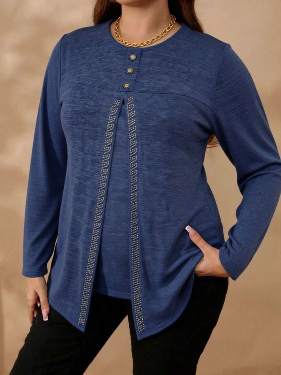 Plus Size Women Casual Rhinestone Embellished Top, Elegant Versatile Round Neck Long Sleeve Top, Suitable For Daily Wear, Spring/Summer - Purple - View 1