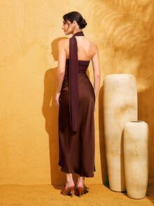 LOVE&LEMONADE Brown Ruched Waist Hollow Out Design Fitted Mesh & Satin Splice Backless Bodycon Party Dress