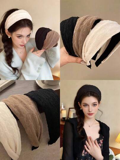 3条/1条女士柔软黑色、白色、棕色宽发带，时尚百搭高端优雅简约纯色发饰，适合日常出行、休闲、派对、通勤、度假、发型设计、洗脸/洗头、化妆、搭配服装等场合。