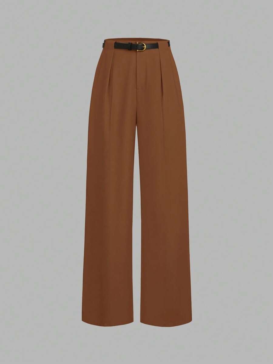 Mid-Rise Solid Color Elegant Straight-Leg Pants With Belt Spring - Rust Brown - View 1