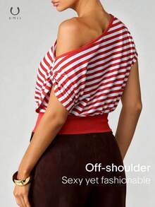Off-Shoulder Cinched Waist Red & White Striped Blouse, Casual Elegant European Style, Slimming High Waist Crop Top - Red - View 2