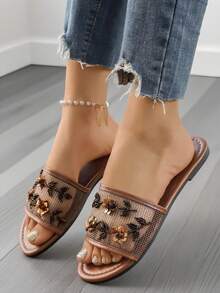 2026新款优雅女士咖啡色圆头平底拖鞋，手工串珠及3D亮片花卉刺绣室内/室外拖鞋，穆勒鞋，网眼透气，适合度假、休闲、派对及娱乐场合 - 咖啡棕 - 查看 7