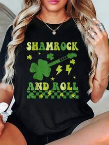 100% Cotton Shamrock And Roll St Patricks Day Retro Groovy Guitar Player T-Shirt Graphic Tee Summer Tops For Women Round Neck Fashion Shirts - 黑色 - 查看 1