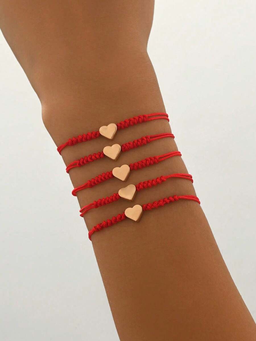 5pcs/Set Casual Versatile Minimalist CCB Heart Lucky Red Rope Bracelets, Suitable For Women's Daily Commute, Party Matching, Valentine's Day Gift - Red - View 1
