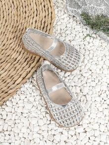 1 Pair Girls Casual Hollow Out Flat Princess Shoes, Suitable For Summer - Silver - View 5