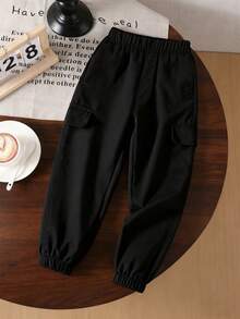 1 pieza Pantalones cargo casuales con cintura elástica personalizados para niñas, versátiles y cómodos, para todas las estaciones - Negro - Ver 1