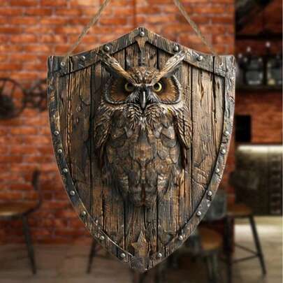 1pc Vintage Shield Owl Wall Decor Sign - Artificial Wood, Suitable For Home, Living Room, Bar, Cafe Wall Art - Multipurpose Decorative Plaque With English Words, Other Themes