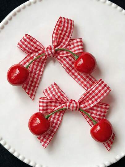2pcs Women's Red & White Plaid Bow Hair Clips With Cherry Decor, Retro Sweet Style Hair Accessories Suitable For Spring/Summer Picnic, Date Or American Campus Outfit