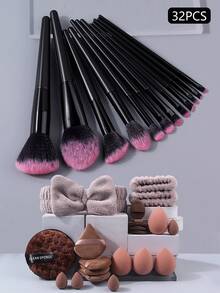32pcs Makeup Brush Set, Anti-Smudge And Easy To Apply Powder Evenly, Include Mini Powder Puff, Triangle Powder Puff, Water Drop Makeup Sponge, Cleansing Band, Convenient For Travel And Carry