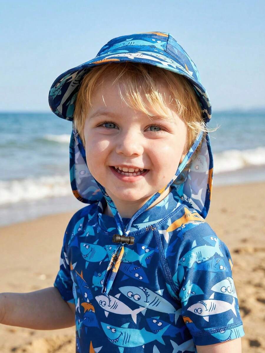 1顶幼儿男童夏季帽子，恐龙系列、鲨鱼系列，时尚渔夫帽，男童多功能宽檐防晒帽，沙滩帽 - 1PC - 查看 1