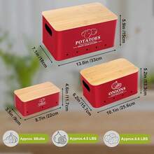 Kitchen Vegetable Storage Set Of 3, Metal Onion Garlic Potato Storage Set, Kitchen Canisters Vegetable Keeper Containers With Aerating Holes And Wooden Lid (Red) - Red - View 5