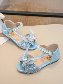 1 Pair Children's Sandals With Rhinestone, Pearl, Bow Decor, PU Patchwork Round Toe, Suitable For Daily Wear, Dance, Outdoor, Festivals, Parties, Glitter Princess Shoes, Fit For Spring, Summer, Autumn - Blue - View 4