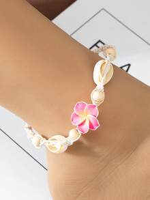 1pc Bohemian Style Handmade Knotted Resin Faux Shell Anklet, Flower & Seed Bead Woven Rope Foot Jewelry
