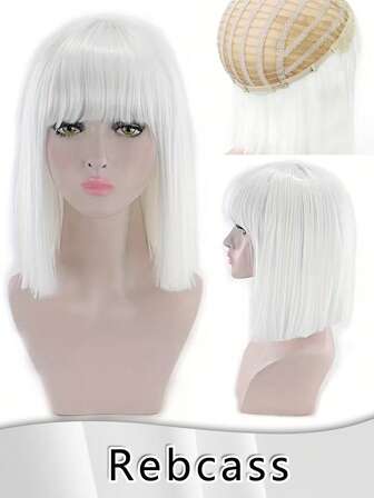10英寸女士白色波波头假发，带刘海，短款波波头假发 - 10英寸白色直发，日常佩戴，柔软轻盈的合成纤维假发，耐热，适合初学者，玫瑰网设计，日常佩戴，可作为女士礼物，用于圣诞装饰、新年、动漫活动等场合 | 时尚大胆的短款波波头假发，带刘海，适合女士音乐节、情人节、日常休闲派对等场合，展现女性魅力
