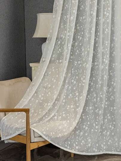 1pc White Floral Jacquard Voile Curtain, Lightweight Semi-Sheer Curtain With Grommets, Japanese Linen Style, Noise Reducing And UV Protection, Suitable For Living Room And Bedroom