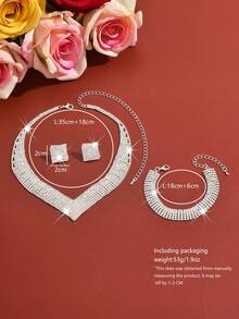 1 Set Bridal V-Neck Jewelry Set | Fully Rhinestone Embellished | Lightweight Copper Chain | Wedding Reception Accessories (Suitable For Valentine's Day) - Silver - View 5