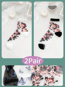 6双/4双/2双/1双 女士彩色蝴蝶花朵中筒袜，薄网眼面料，时尚可爱镂空设计，夏季 - 彩色 - 查看 20