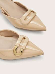 女士高跟鞋，新款春夏尖头凉鞋，优雅椭圆形金属扣装饰，女士猫跟，细带穆勒凉鞋，通勤休闲皆宜，低跟不累脚 - 杏色 - 查看 4