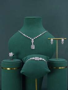 Conjunto de 5 peças de joias de luxo folheadas a ouro branco com design geométrico para noivas e casamentos, ideal para uso diário, casamentos e como presente de aniversário. - Conjunto nupcial geométrico - Ver 1