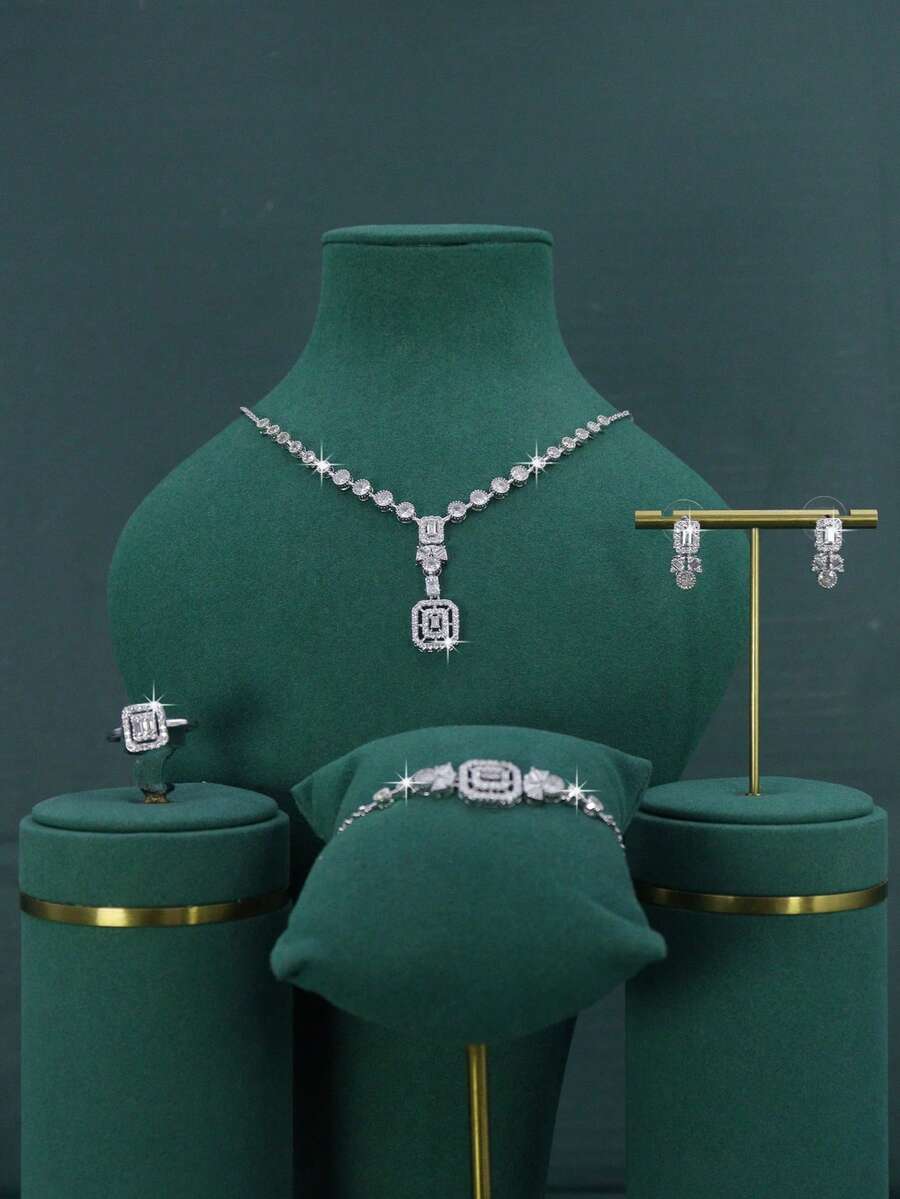 Conjunto de 5 peças de joias de luxo folheadas a ouro branco com design geométrico para noivas e casamentos, ideal para uso diário, casamentos e como presente de aniversário. - Conjunto nupcial geométrico - Ver 1