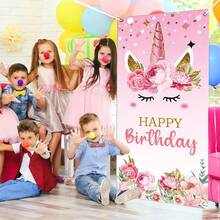 70x35 Inch 2D Door Curtain Unicorn Happy Birthday Backdrop, Pink Floral & Rainbow Unicorn Design - Pastel Magical Party Decor With Happy Birthday Banner, Suitable For Girls Birthday Party, Baby Shower, Princess Party Supplies - Paper/Polyester - Multicolor - View 5