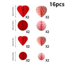 16pcs Honeycomb Ball & Pom Pom Decoration Set, Red & Pink Color, Includes Red Honeycomb Balls, Paper Heart Ornaments, Suitable For Wedding, Valentine's Day, Engagement, Bridal Shower, Birthday Party Decor - Pink - View 7