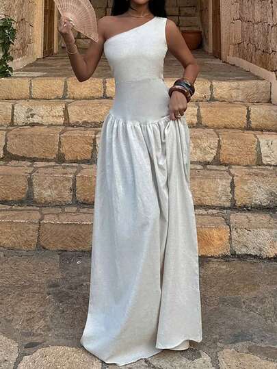 Vaiaye 女士纯色斜肩露背超长连衣裙，夏季新款优雅修身长裙，适合派对和日常穿着