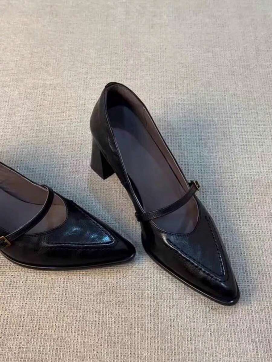 Retro Chunky Heel Pointed Toe Mary Jane Pumps, New Commuting Chic French Style High Heels For Women - Black - View 1