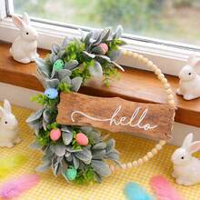 Spring Easter Wreath With Hello Sign - Wooden Bead And Faux Greenery Door Decor, Pastel Eggs Hanging Wreath For Front Door, Entryway, Porch Farmhouse Decor - Multicolor - View 7
