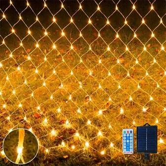 1串太阳能灯，96/192颗LED灯珠，透明防水线，8种灯光模式，遥控自动开关，适用于户外花园、露台、墙壁、屋顶、阳台、圣诞节、万圣节装饰，尺寸：4.9*4.9英尺/9.8*6.6英尺