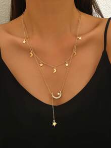 1 Set Nuevo Collar Colgante Minimalista Creativo de Combinación de Estrella y Luna con Borla de Doble Capa, Versátil para Mujeres, Ideal para Vestidos de Festival, Regalo Ideal para Familia/Amigos - Amarillo Oro - Ver 5