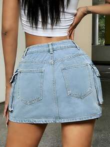 Fashionable Straight Fit Mini Skirt, Casual Street Style Multi-Pocket Design, Women's Washed Light Blue Denim Skirt - Light Wash - View 3