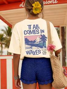 Camiseta de manga corta con cuello redondo y estampado casual para niñas preadolescentes y estudiantes, top de verano - Albaricoque - Ver 1